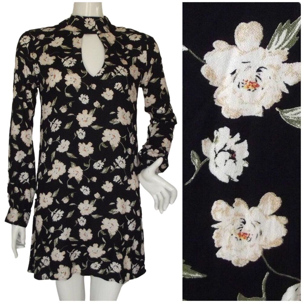 ELAN Mini Dress, S, Black/Off-White Floral, Long sleeves, Choker/Keyhole